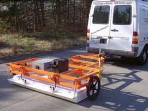 The GSSI Terravision being towed by a Macleod Simmonds van in-field, collecting scan data. The predecessor to the Stream EM.