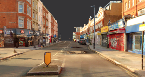 Point cloud data flythrough showing a section of the Kilburn High Road in London