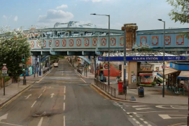 Point cloud data flythrough showing the beginning of Kilburn High Road. Visible is the bridge and the underground station.