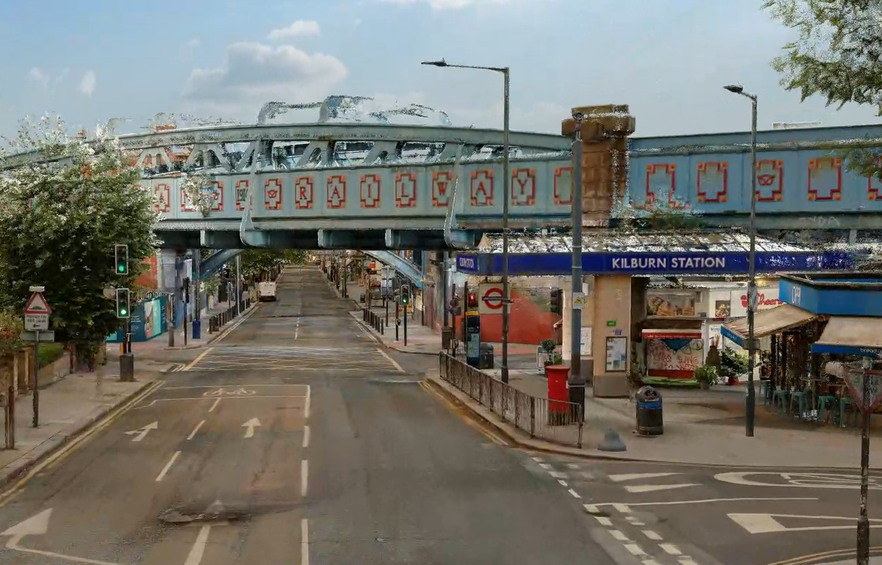Point cloud data flythrough showing the beginning of Kilburn High Road. Visible is the bridge and the underground station.